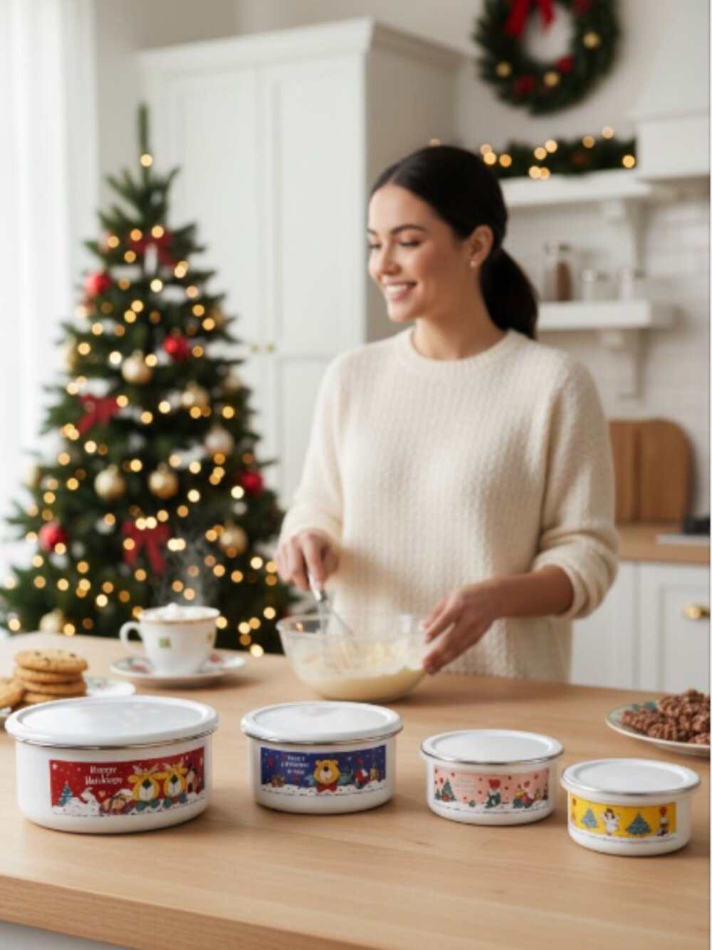 NESTING BOWLS -- Christmas, Enamel, Stacking, Set of 4 w/ Lids, "Happy Holidays"